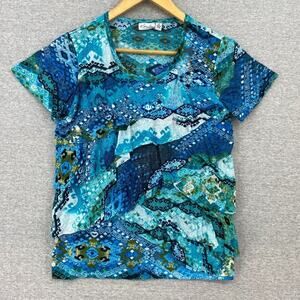 Kim Petite Shirt Womens PM Blue Watercolor Layered Ruffle Short Sleeve Pullover